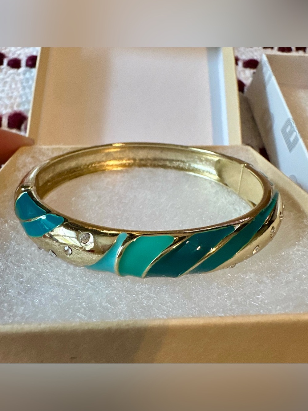 Gold-Tone Turquoise Enamel Hinged Bangle Bracelet ocean waves and pearl